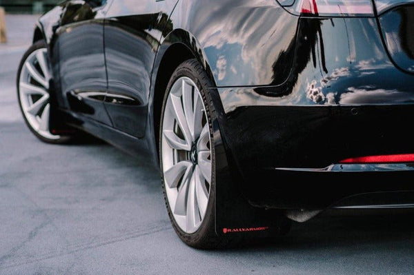 Rally Armor UR Black w/ White Logo Mud Flaps Set - Tesla Model 3 (2017-2023)