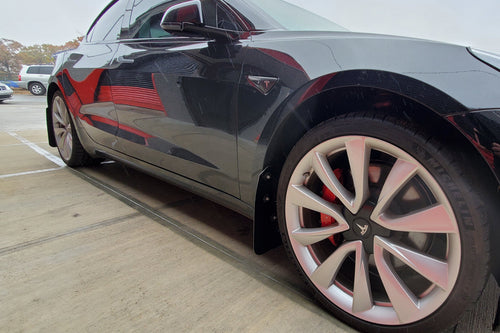 Rally Armor UR Black w/ Red Logo Mud Flaps Set - Tesla Model 3 (2017-2023)